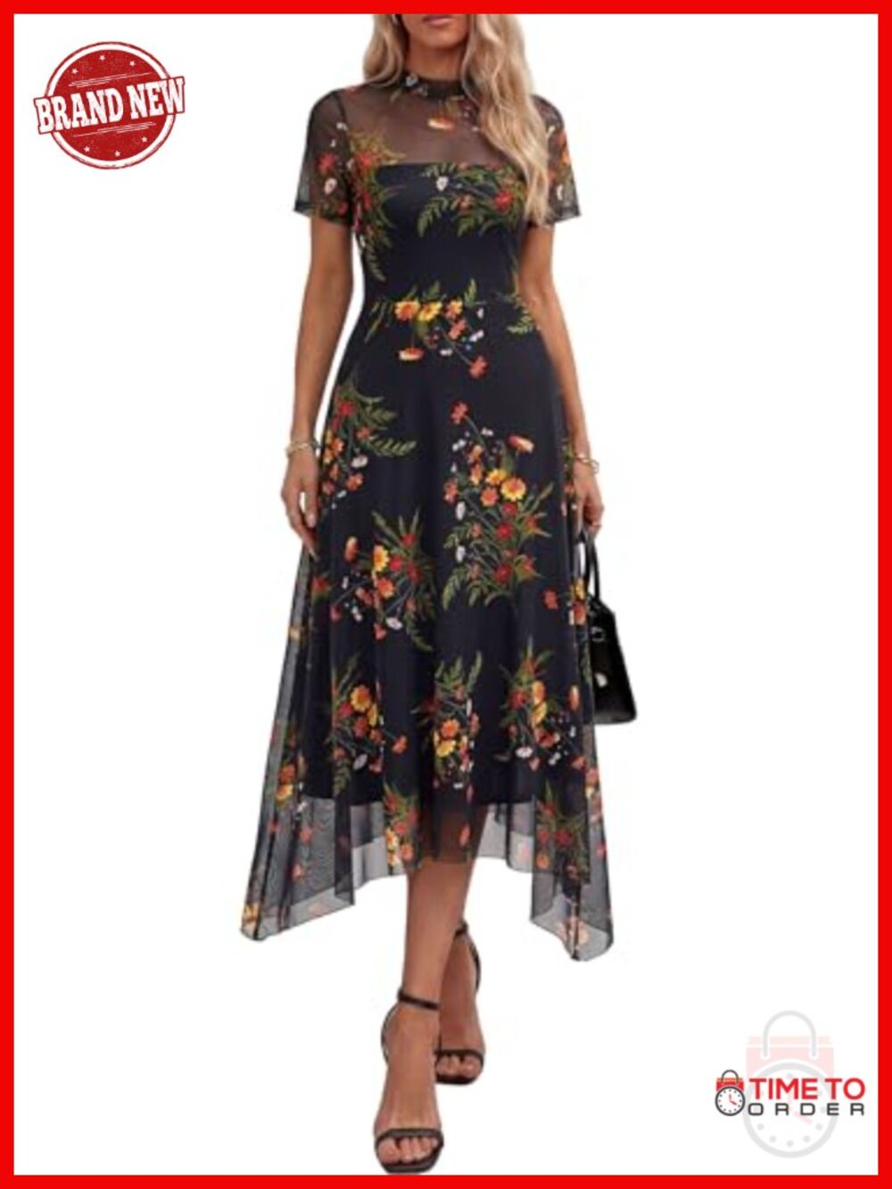 Women's Floral Mesh Midi Dress Fit & Flare Crew Neck Sheer Cocktail